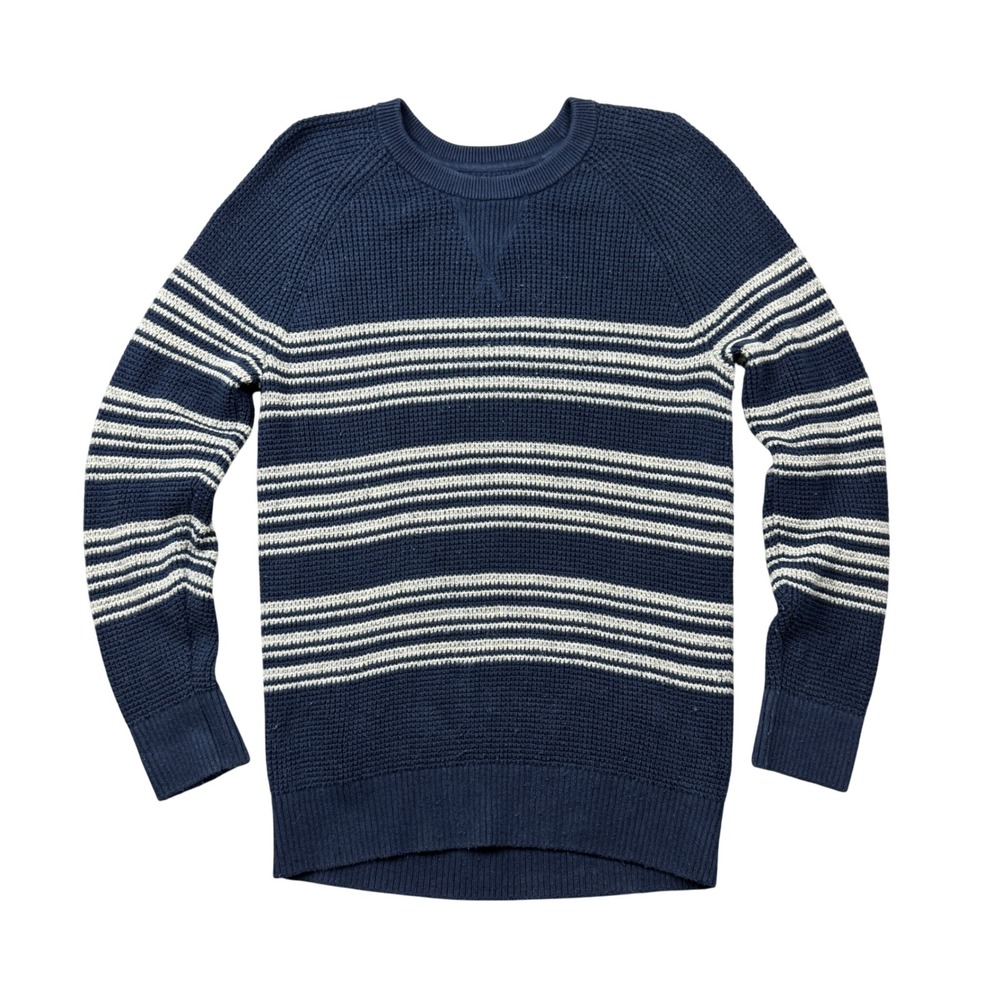 Gap Mens Small Navy Blue White Striped Waffle Knit Raglan Crewneck Sweater